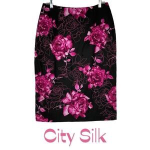 City Silk Black Pink Floral Embroidered Beaded Pencil Skirt NWOT Size 12